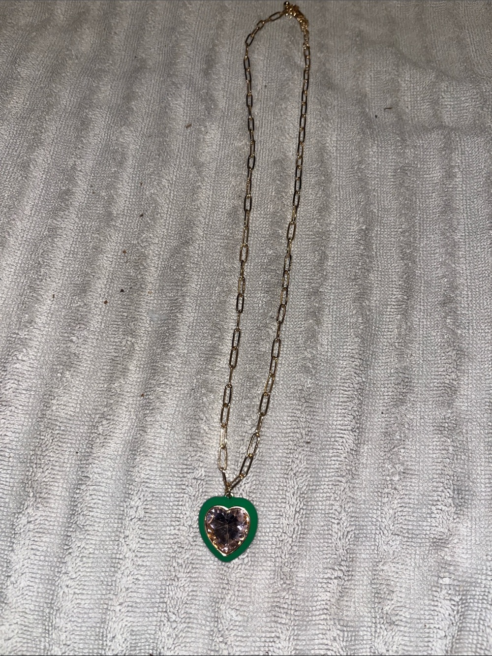 Gold Link Necklace Green Enamel Bordered Light Pink Heart Pendant